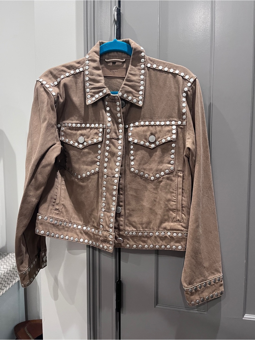 Blank NYC Taupe Stud-Trim Jean Jacket